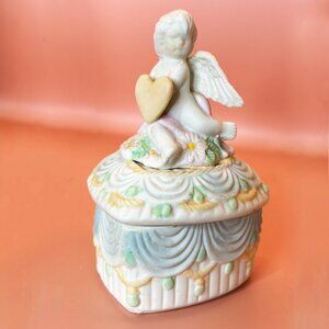 Vintage Matte Porcelain Cherub Heart Trinket Box